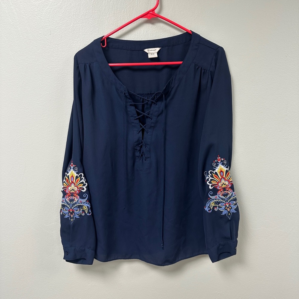 Ariat Womens Navy Blue Lace Up Embroidered Sleeve Boho Blouse Top Medium‎